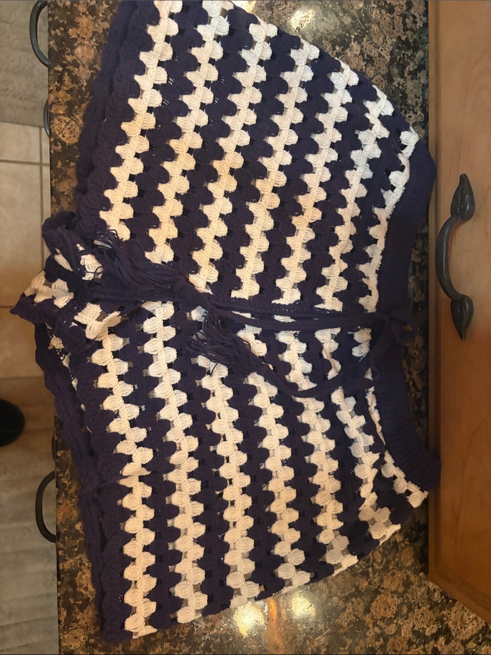 Shade & Shore Navy and White Crochet Tie-Front Poncho